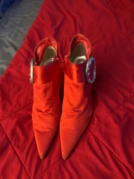 Red Satin Pointed Toe Heeled Mules with Decorative Buckle - Picture 3 of 6